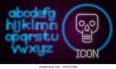 Glowing neon line Skull icon isolated on brick wall background. Happy Halloween party. Neon light alphabet. Vector Illustration