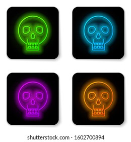 Glowing neon line Skull icon isolated on white background. Happy Halloween party. Black square button. Vector Illustration