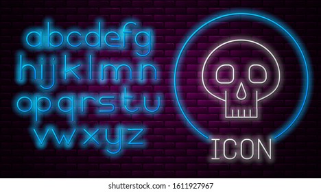 Glowing neon line Skull icon isolated on brick wall background. Neon light alphabet. Vector Illustration