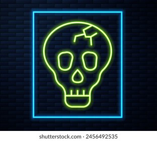 Glowing neon line Skull icon isolated on brick wall background. Happy Halloween party.  Vector