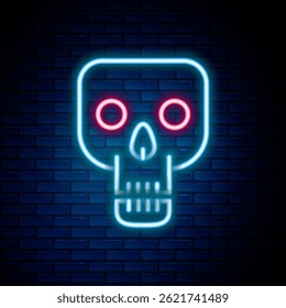 Glowing neon line Skull icon isolated on brick wall background. Happy Halloween party. Colorful outline concept. Vector