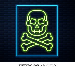 Glowing neon line Skull on crossbones icon isolated on brick wall background. Happy Halloween party.  Vector