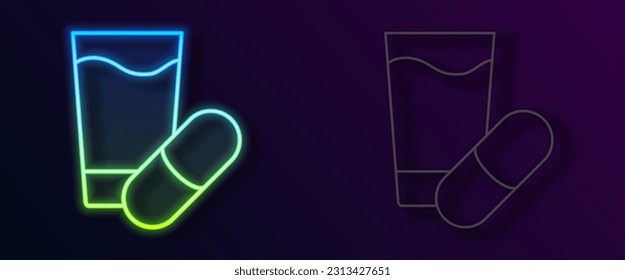 Glowing neon line Sleeping pill icon isolated on black background.  Vector