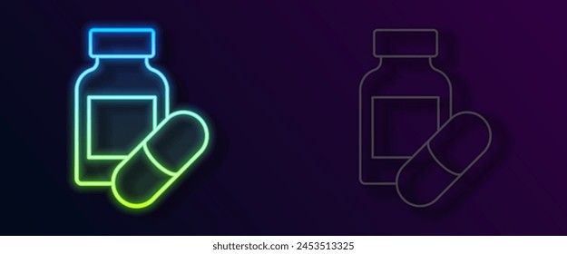 Glowing neon line Sleeping pill icon isolated on black background.  Vector