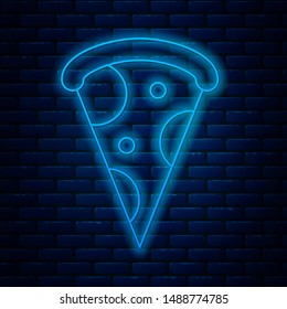 Glowing neon line Slice of pizza icon isolated on brick wall background. Fast food menu.  Vector Illustration