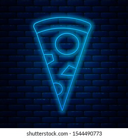 Glowing neon line Slice of pizza icon isolated on brick wall background.  Vector Illustration