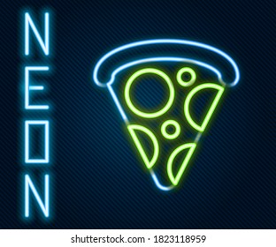 Glowing neon line Slice of pizza icon isolated on black background. Fast food menu. Colorful outline concept. Vector Illustration