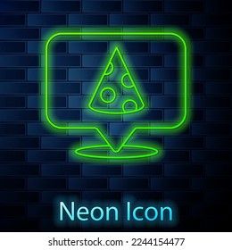 Glowing neon line Slice of pizza icon isolated on brick wall background. Fast food menu.  Vector