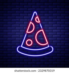 Glowing neon line Slice of pizza icon isolated on brick wall background. Fast food menu. Colorful outline concept. Vector