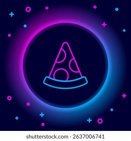 Glowing neon line Slice of pizza icon isolated on black background. Fast food menu. Colorful outline concept. Vector