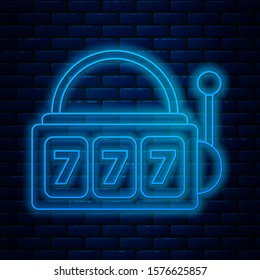 Glowing neon line Slot machine with lucky sevens jackpot icon isolated on brick wall background.  Vector Illustration