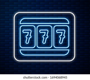 Glowing neon line Slot machine with lucky sevens jackpot icon isolated on brick wall background.  Vector Illustration