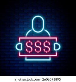 Glowing neon line Slot machine spin button icon isolated on brick wall background. Colorful outline concept. Vector