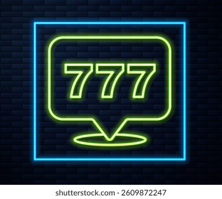 Glowing neon line Slot machine with lucky sevens jackpot icon isolated on brick wall background.  Vector