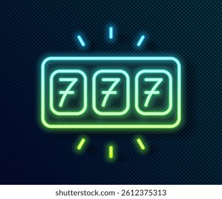 Glowing neon line Slot machine with lucky sevens jackpot icon isolated on black background.  Vector