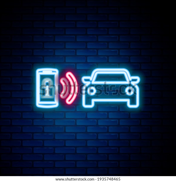 Glowing neon\
line Smart car alarm system icon isolated on brick wall background.\
The smartphone controls the car security on the wireless. Colorful\
outline concept.\
Vector