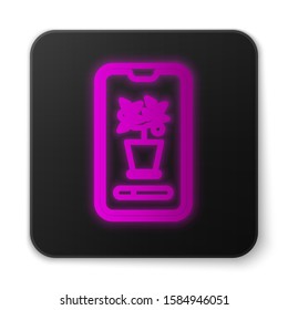 Glowing neon line Smart control farming system mobile application icon isolated on white background. Black square button. Vector Illustration