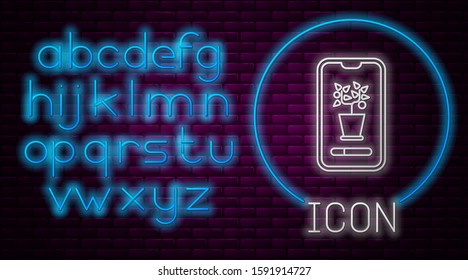 Glowing neon line Smart control farming system mobile application icon isolated on brick wall background. Neon light alphabet. Vector Illustration