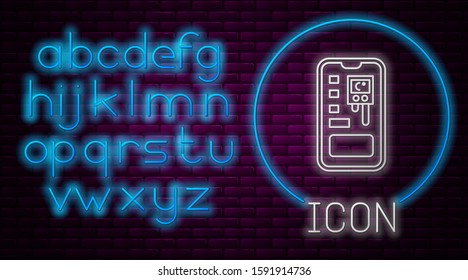 Glowing neon line Smart control farming system mobile application icon isolated on brick wall background. Neon light alphabet. Vector Illustration