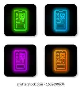 Glowing neon line Smart control farming system mobile application icon isolated on white background. Black square button. Vector Illustration
