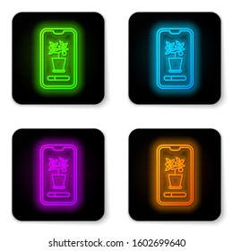 Glowing neon line Smart control farming system mobile application icon isolated on white background. Black square button. Vector Illustration