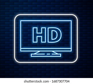 Línea de neón brillante Pantalla inteligente con icono de la tecnología de vídeo HD aislado en el fondo de pared de ladrillo. Ilustración vectorial