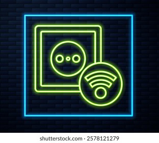 Glowing neon line Smart electrical outlet system icon isolated on brick wall background. Power socket. Internet of things concept with wireless connection.  Vector