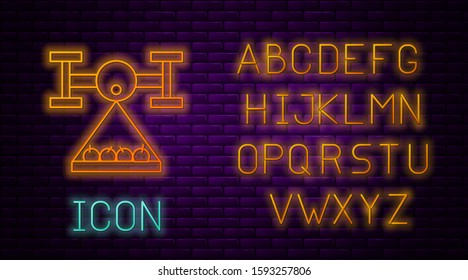 Glowing neon line Smart farm with drone control collects harvest icon isolated on brick wall background. Innovation technology for agricultural company. Neon light alphabet. Vector Illustration