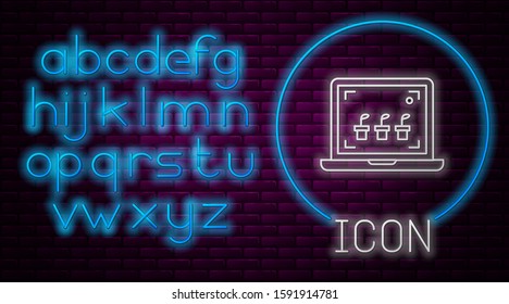 Glowing neon line Smart farming technology - farm automation system icon isolated on brick wall background. Neon light alphabet. Vector Illustration