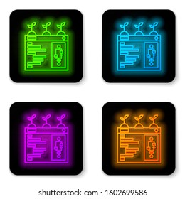 Glowing neon line Smart farming technology - farm automation system in app icon isolated on white background. Black square button. Vector Illustration