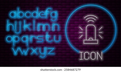 Glowing neon line Smart flasher siren system icon isolated on brick wall background. Emergency flashing siren. Internet of things concept with wireless connection. Neon light alphabet. Vector