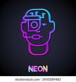 Glowing neon line Smart glasses mounted on spectacles icon isolated on black background. Wearable electronics smart glasses with camera and display.  Vector
