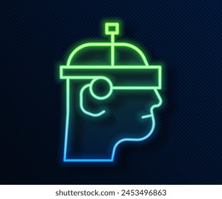 Glowing neon line Smart glasses mounted on spectacles icon isolated on blue background. Wearable electronics smart glasses with camera and display.  Vector