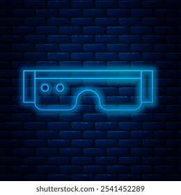 Glowing neon line Smart glasses mounted on spectacles icon isolated on brick wall background. Wearable electronics smart glasses with camera and display.  Vector Illustration