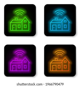 Glowing neon line Smart home with wireless icon isolated on white background. Remote control. Internet of things concept with wireless connection. Black square button. Vector