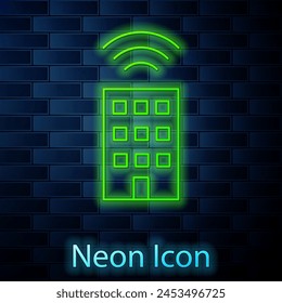 Glowing neon line Smart home with wireless icon isolated on brick wall background. Remote control. Internet of things concept with wireless connection.  Vector
