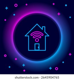 Linha de neon brilhante Smart home com ícone wi-fi isolado no fundo preto. Controle remoto. Conceito de contorno colorido. Vetor