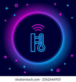 Glowing neon line Smart meteorology thermometer measuring system icon isolated on black background. Internet of things concept with wireless connection. Colorful outline concept. Vector