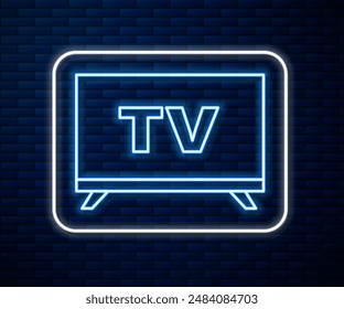 Glowing neon line Smart Tv icon isolated on brick wall background. Television sign.  Vector Illustration