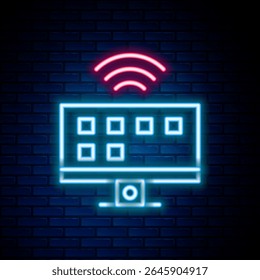 Linha de neon brilhante ícone do sistema Smart Tv isolado no fundo da parede de tijolo. Sinal de televisão. Conceito de Internet das coisas com conexão sem fio. Conceito de contorno colorido. Vetor