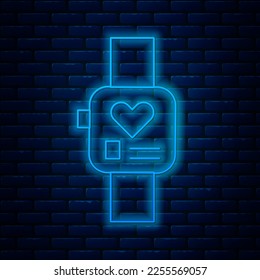 Glowing neon line Smart watch showing heart beat rate icon isolated on brick wall background. Fitness App concept.  Vector