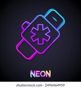Glowing neon line Smart watch showing heart beat rate icon isolated on black background. Fitness App concept.  Vector