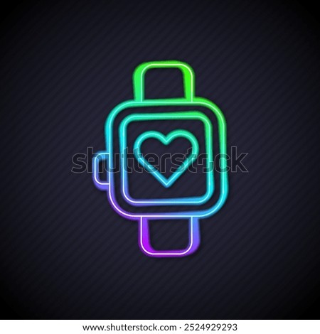 Glowing neon line Smart watch showing heart beat rate icon isolated on black background. Fitness App concept.  Vector
