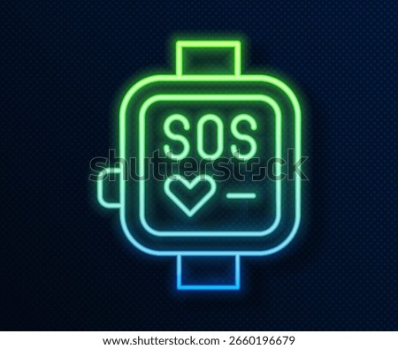 Glowing neon line Smart watch showing heart beat rate icon isolated on blue background. Fitness App concept.  Vector