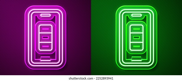 Glowing neon line Smartphone battery charge icon isolated on purple and green background. Phone with a low battery charge.  Vector