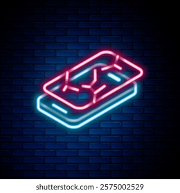 Glowing neon line Smartphone with broken screen icon isolated on brick wall background. Shattered phone screen icon. Colorful outline concept. Vector