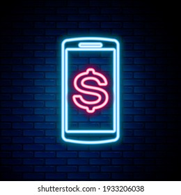 Glowing neon line Smartphone with dollar symbol icon isolated on brick wall background. Online shopping concept. Financial mobile phone. Online payment. Colorful outline concept. Vector