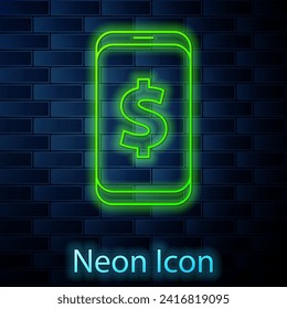 Glühendes Neon-line Smartphone mit Dollar Symbol Symbol einzeln auf Backsteinwand Hintergrund. Online-Shopping-Konzept. Finanzmobiltelefon. Online-Zahlung.  Vektorgrafik