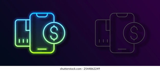 Glowing neon line Smartphone with dollar symbol icon isolated on black background. Online shopping concept. Financial mobile phone icon. Online payment.  Vector