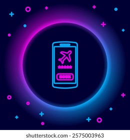 Glowing neon line Smartphone with electronic boarding pass airline ticket icon isolated on black background. Passenger plane mobile ticket for web and app. Colorful outline concept. Vector